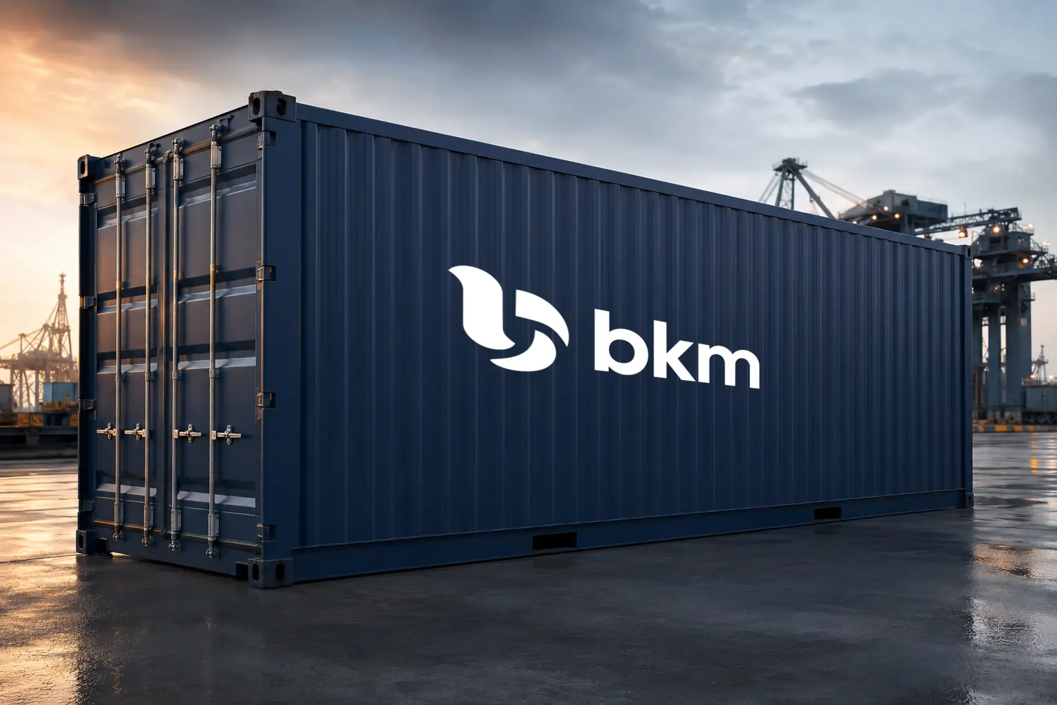 White BKM logo applied to a navy freight container