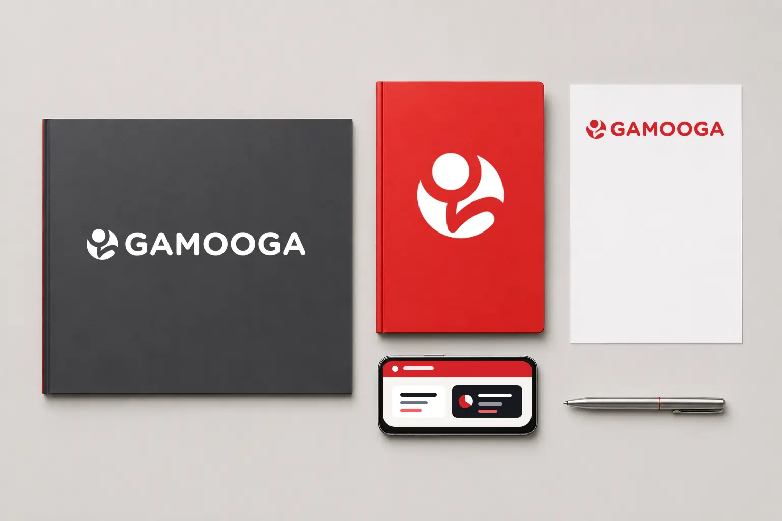 Gamooga identity applied to a report folder, notebook, letterhead, and mobile interface