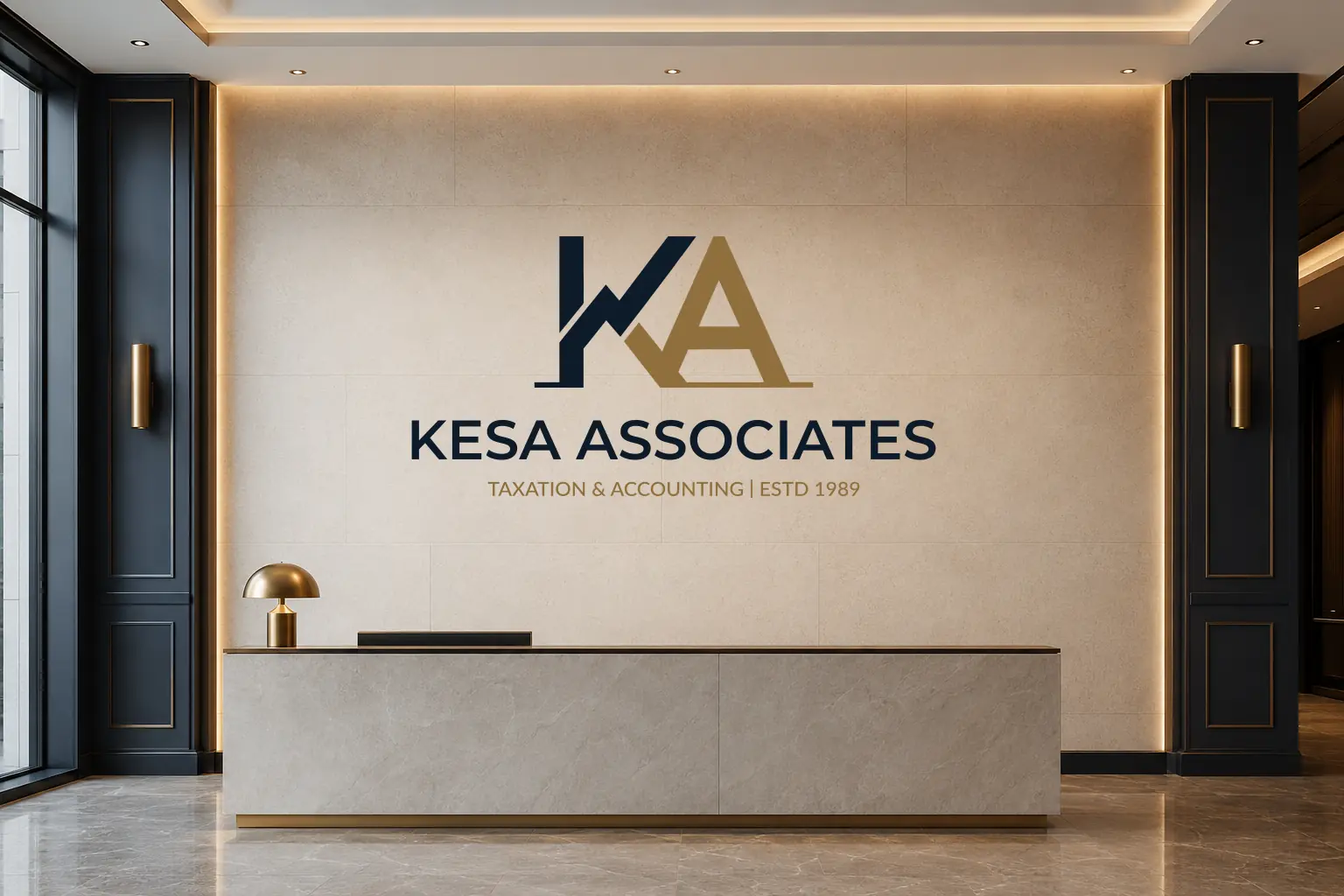 KESA Associates identity applied to an office reception wall