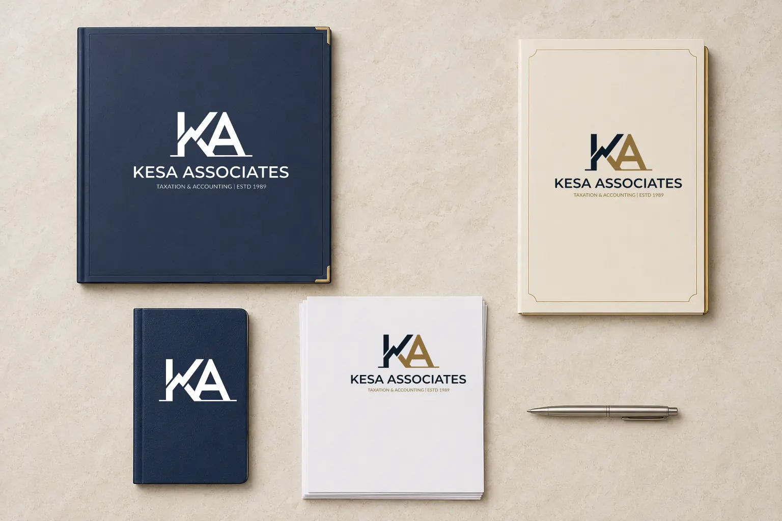 KESA Associates identity applied to report folders, letterhead, and a notebook