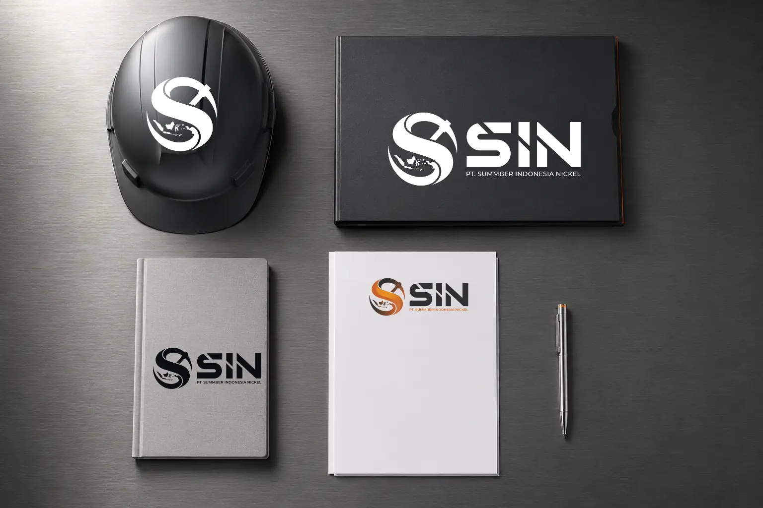 SIN identity applied to a helmet, notebook, folder, and letterhead