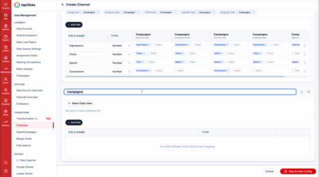 After · sources, views and fields stay in one flow
