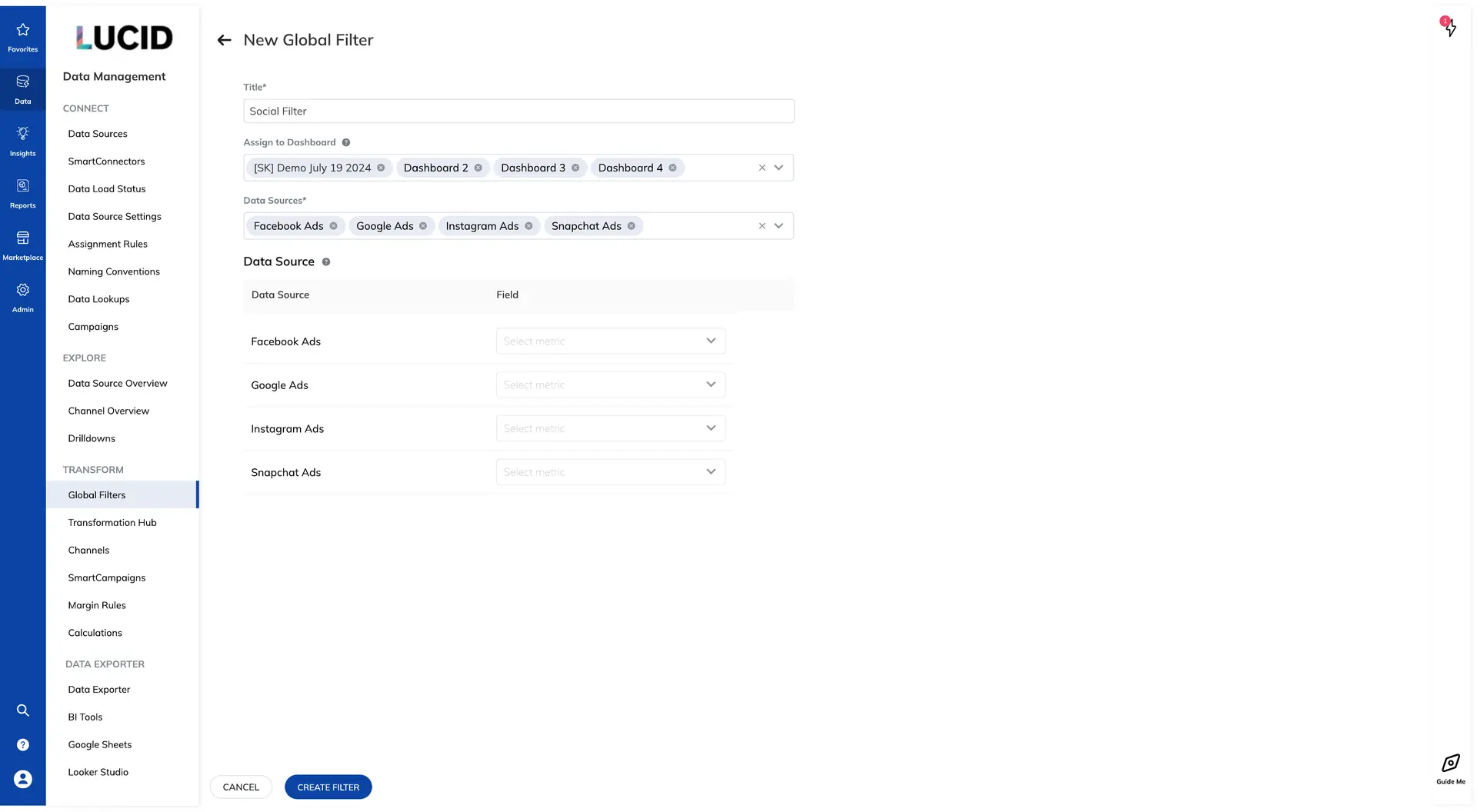 Create flow connects dashboard scope, data sources, and fields