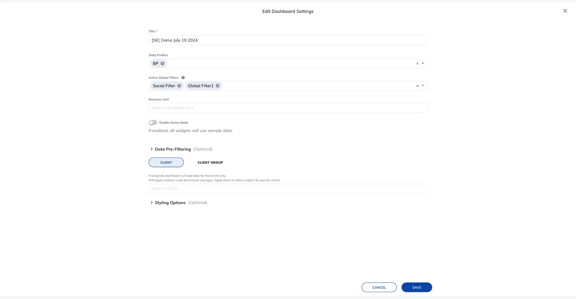 Dashboard settings expose active global filters before publishing