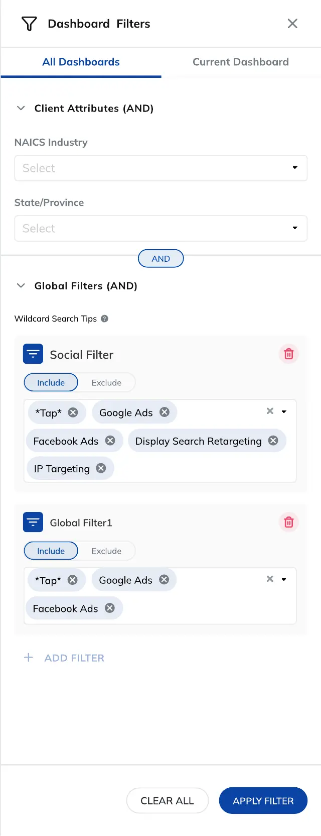 Viewer drawer combines client attributes, include and exclude values, and global filters