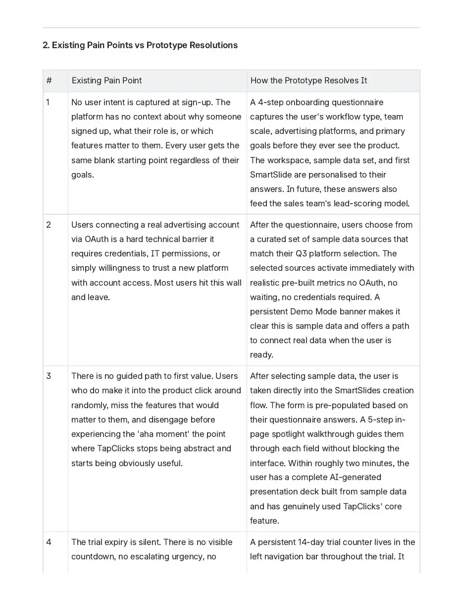 Source evidence: existing pain points mapped to prototype responses