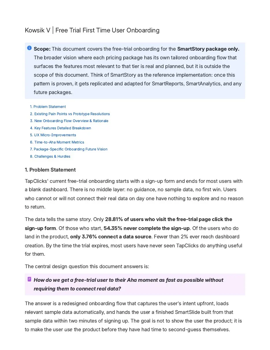 Source evidence: problem statement, observed funnel baseline, and SmartStory scope
