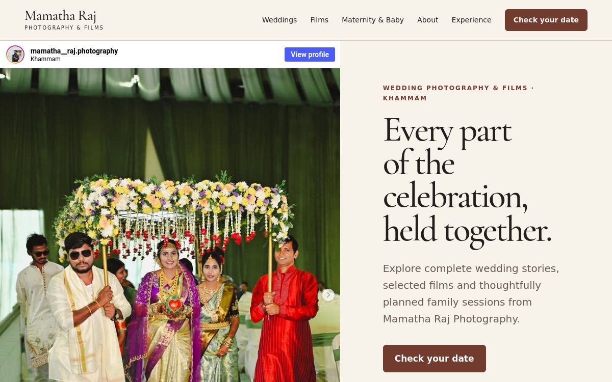 Mamatha Raj Photography homepage hero section